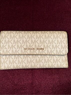 Michael Kors Beige Logo Continental Wallet with Gold Hardware